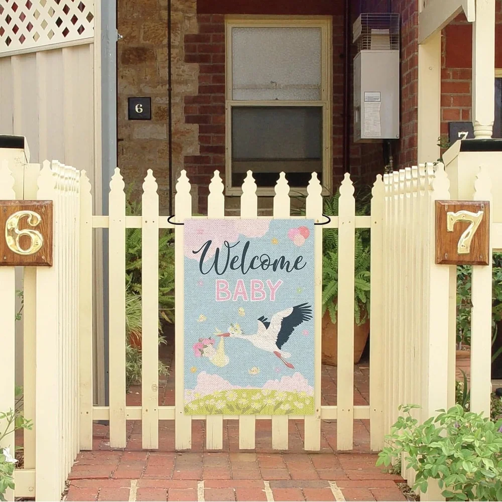 Welcome Baby Stork Garden Flag Double Sided Burlap Outdoor Yard Flag 12x18”